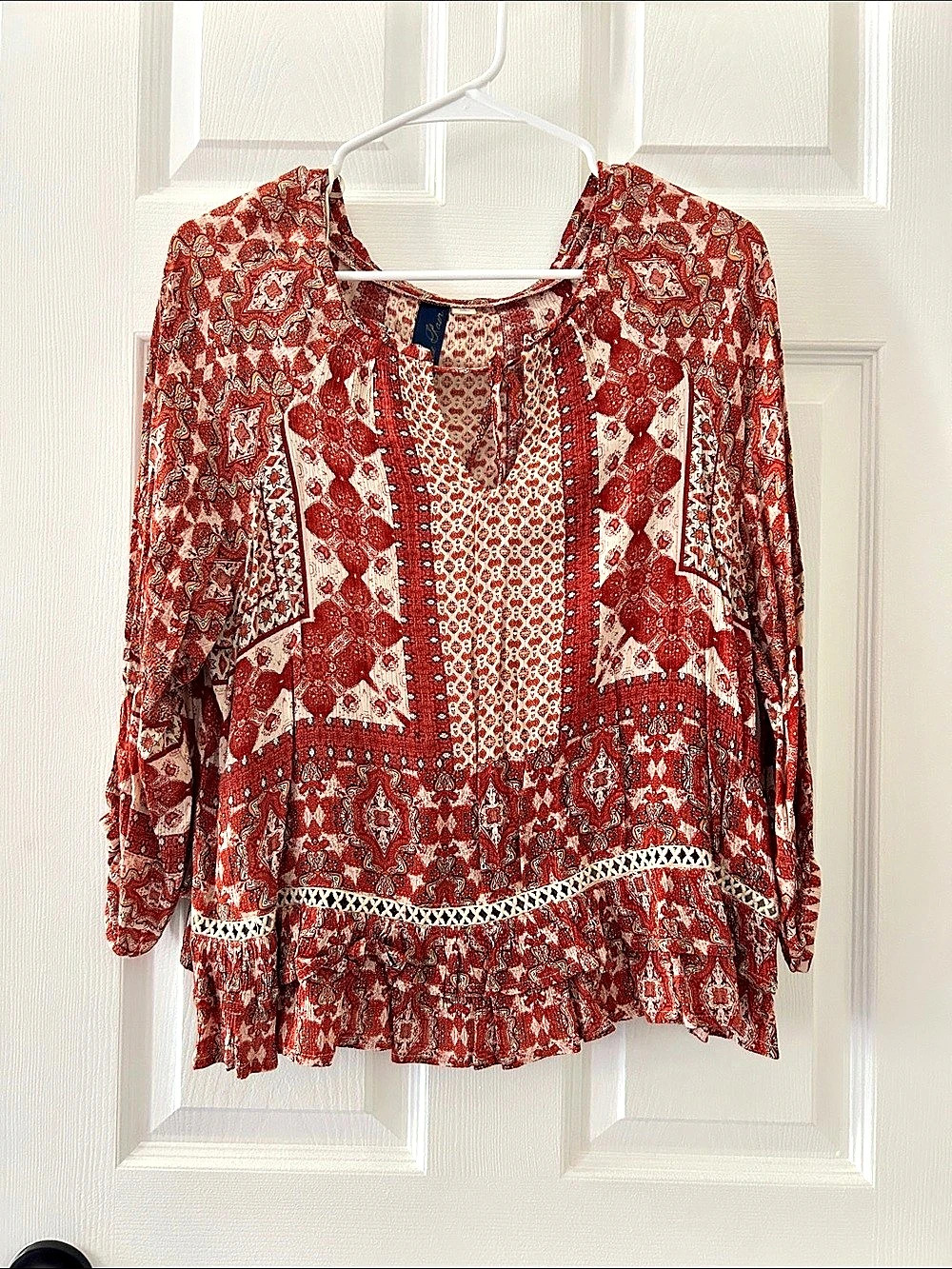 Blue Rain Paisley Ruffle Blouse in Orange & White Small Like New
